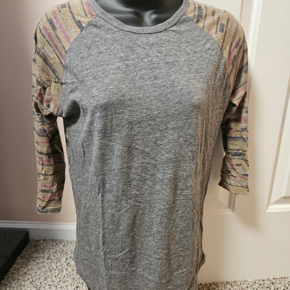 LuLaRoe Gray Long Sleeve Top with Multicolor Striped Sleeves